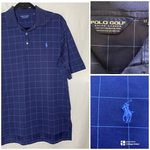 POLO GOLF Ralph Lauren Shirt Windowpane Short Sleeve Cotton Mens M Navy Blue - Picture 1 of 12